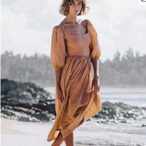 Kara Thoms Linen Bellflower Square Neck Puff Sleeve Midi Dress Clay Size Large